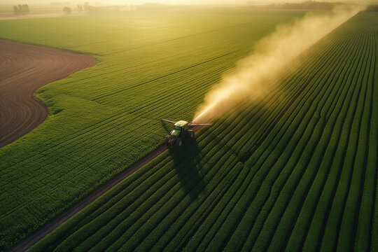 Aerial View of Tractor Spraying Pesticides on Green Soybean Plantation at Sunset - Drone View - ai