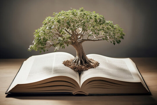 an open book with tree growing out of it - ai