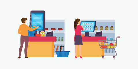 Man and woman self-service checkout at supermarket 2d vector illustration concept for banner, website, illustration, landing page, flyer, etc.