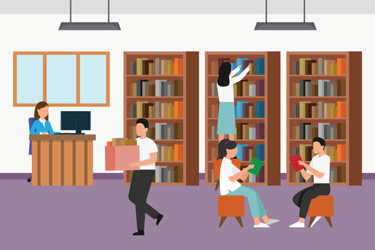 Young people sitting, studying and reading at public library 2d vector illustration concept for banner, website, illustration, landing page, flyer, etc.
