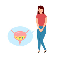 Woman with bladder infection disease in flat design on white background.