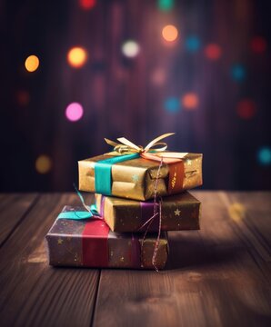 Christmas presents wrapped in colorful paper with ribbon on wooden table background and bokeh. Place for typography and logo. Copy space. Generative Ai.