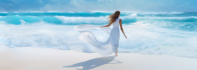 woman in white dress standing on the beach, flowing aqua silk, bright sunny day, soft curls and curves. Generative Ai
