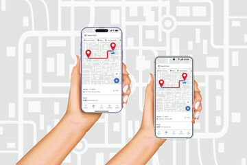 Hand holding smart phone with GPS navigation, Smartphone map application and red pinpoint on screen, App search map navigation, navigation idea for GPS application. Vector.