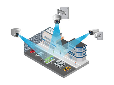 Isometric city security system concept with CCTV and IP cameras for monitoring and surveillance on road and car park isolated vector illustration.
