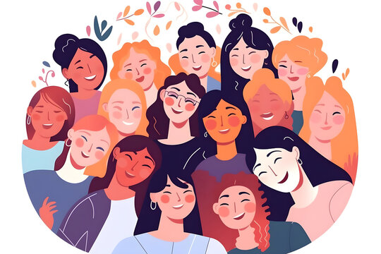 Flat vector illustration Happy friends and selfie with female college students for social media, education and connection. Diversity, smiles and happiness for girls and images of colleges, students an