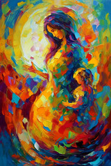 mother with child painting using primary colors