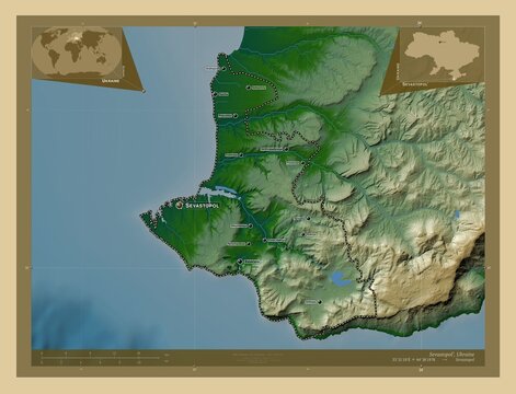 Sevastopol', Ukraine. Physical. Labelled points of cities.