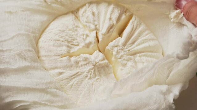 Caucasian cheese maker opens bag to establish fresh made white Italian ricotta