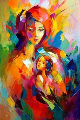 mother with child painting using primary colors