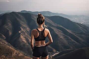 Fototapeta premium view from behind fitness girl standing on top of the mountain. woman in sportswear standing on the mountain. Generative Ai.
