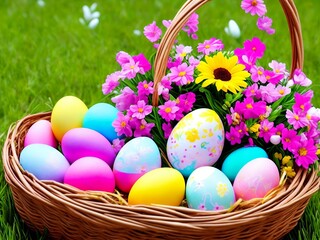 Fototapeta na wymiar Colorful Easter Eggs in a Beautiful Basket with Flowers, Generative AI