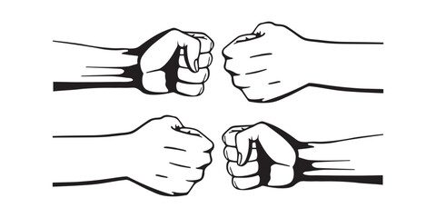 Fist bump, to hit one's fists together. Two male hands that greet each other with fists bump. Hand drawn of two young person bumping their fists on a white background. Vector.