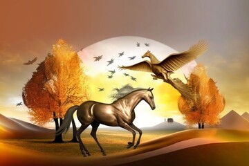 3D mural wallpaper suitable for frame canvas print . horse and golden trees with colored mountains . golden sun and birds with modern background, Generative AI