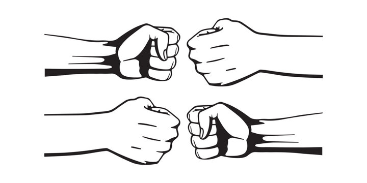 Fist bump, to hit one's fists together. Two male hands that greet each other with fists bump. Hand drawn of two young person bumping their fists on a white background. Vector.