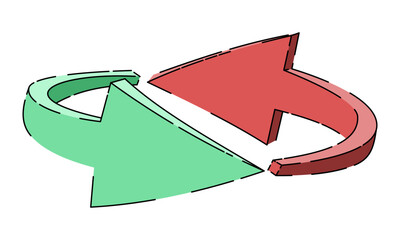 Dwie zakręcające strzałki. Unikalne ikony wskazujące kierunek w kolorze zielonym i czerwonym.