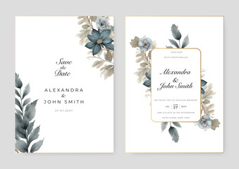 Blue orchid flower floral vector beautiful gold flowers line art on wedding card template watercolor