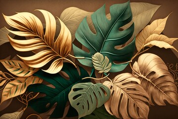 Vintage tropical green brown leaves, beige background, golden texture. Luxury mural, premium wallpaper. 3d painting illustration, watercolor design. Seamless border. Stylish cloth, paper, packaging