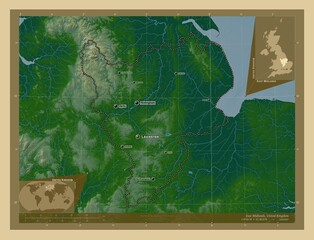 East Midlands, United Kingdom. Physical. Labelled points of cities