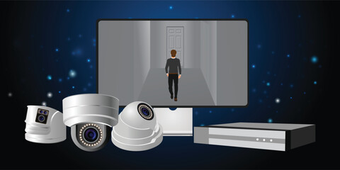 CCTV camera, Video Surveillance, Monitor and DVR - Digital video recorder. Security System Concept.