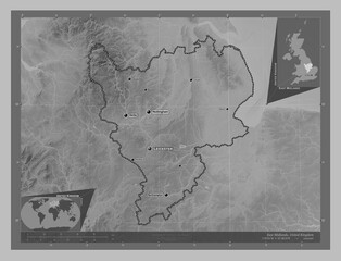 East Midlands, United Kingdom. Grayscale. Labelled points of cities