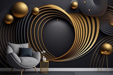 Interior design concept. 3d modern mural wallpaper. golden lines, gold ball and dark background. , Generative AI