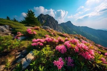 Fototapeta na wymiar Under a deep blue sky, magical pink rhododendron flowers bloom. Ukraine, the majestic Carpathians, and Europe. beauty industry