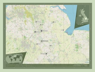 East Midlands, United Kingdom. OSM. Labelled points of cities