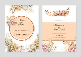 Pink rose flower floral vector wedding card invitation template with hand painted watercolor