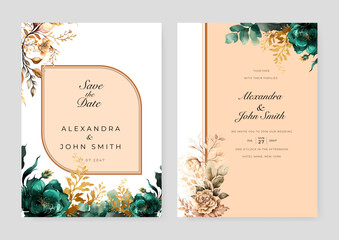 Green orchid flower floral vector beautiful gold flowers line art on wedding card template watercolor