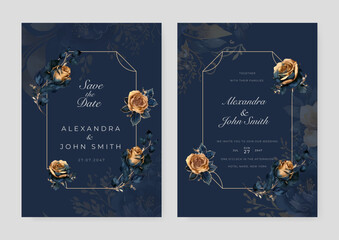 Yellow rose flower floral vector watercolor colorfull wedding invitation card template set with golden floral decoration