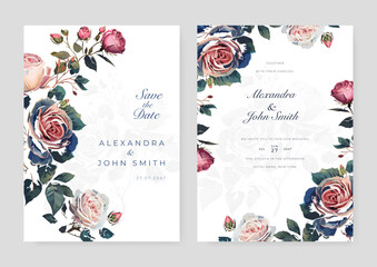 Pink rose flower floral vector wedding card invitation template with hand painted watercolor