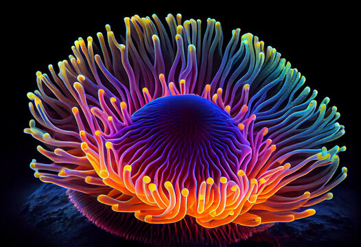 Actinia (sea anemona) under water, stones around.