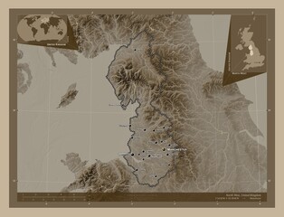 North West, United Kingdom. Sepia. Labelled points of cities