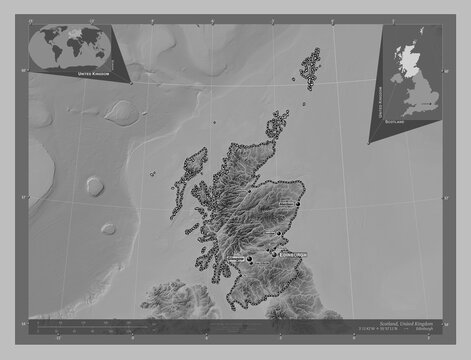 Scotland, United Kingdom. Grayscale. Labelled points of cities