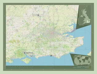 South East, United Kingdom. OSM. Labelled points of cities