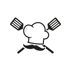 Chef logo design. kitchen hat concept with spatula and mustache