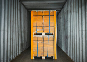 Package Boxes Wrapped Plastic Stacked on Pallets Loading into Cargo Container. Trucks Loading Dock Warehouse. Shipping Supply Chain Shipment. Freight Truck Logistics Cargo Transport