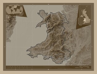 Wales, United Kingdom. Sepia. Labelled points of cities