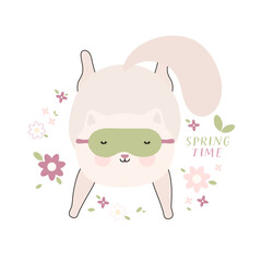 Obraz na płótnie Canvas Spring Time Cute Cat. Design for Web, Mobile, Card, Sticker, T-Shirt, Textile Shopper Bag and Other Garment.