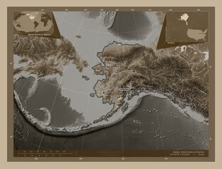 Alaska, United States of America. Sepia. Labelled points of cities