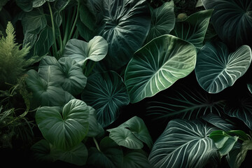 Big green leaves, tropical forest background. Flat illustration. Generative AI