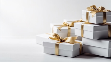 Pile of white gift boxes with golden ribbons on a white background copy space for text