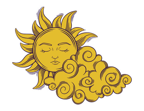 Tarot esoteric sun behind cloud. Tarot sun with face and closed eyes. Vector illustration isolated on white backround