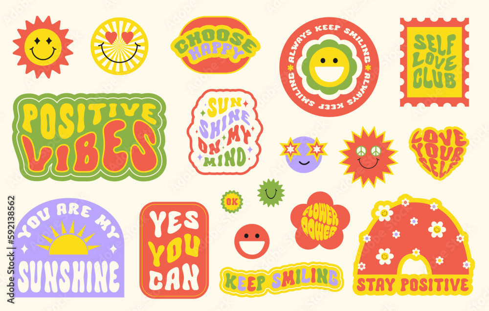 Poster trendy colorful set stickers with smiling face and text. collection of cartoon shapes, positive slog