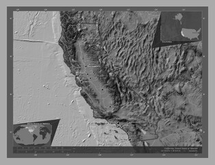 California, United States of America. Bilevel. Labelled points of cities