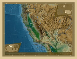 California, United States of America. Physical. Labelled points of cities