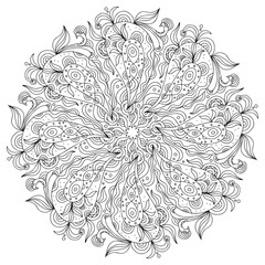 Magic floral mandala coloring pattern antistress for children and adults. Black and white illustration isolated.