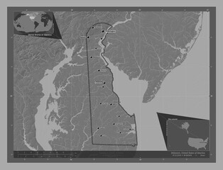 Delaware, United States of America. Bilevel. Labelled points of cities