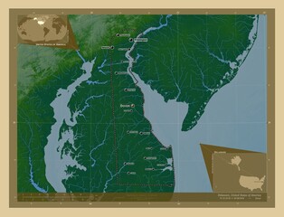 Delaware, United States of America. Physical. Labelled points of cities